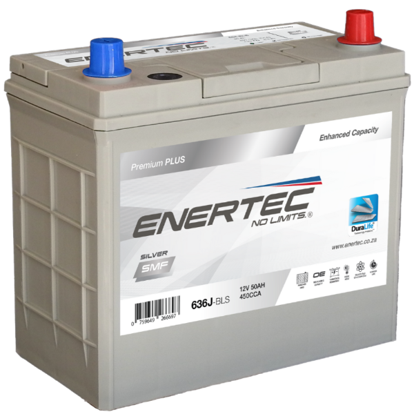  Enertec silver 636J, 12V 50AH 540CCA, 12v car battery, 50Ah battery, 540CCA, RHP car battery, J TERMINAL