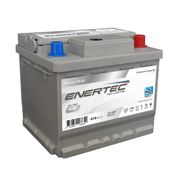 619, 12v car battery, 45Ah car battery, 450cca car battery, enertec silver, 12v 45ah 450cca